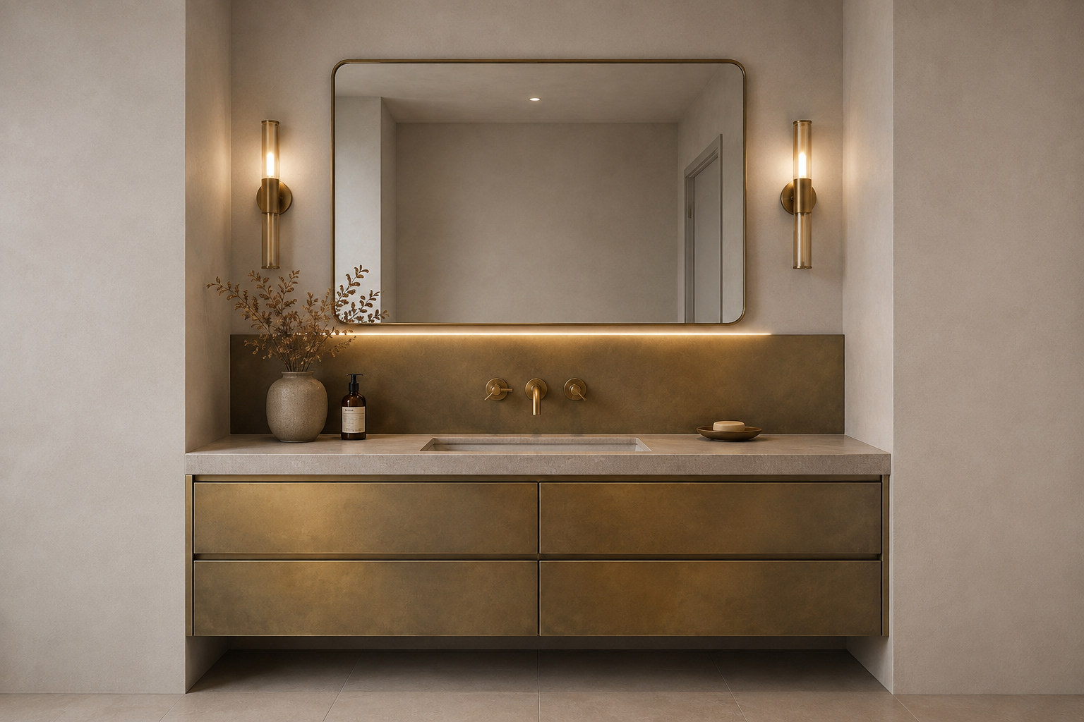 Bespoke aged bronze vanity with architectural metal finish by Liquid Atelier