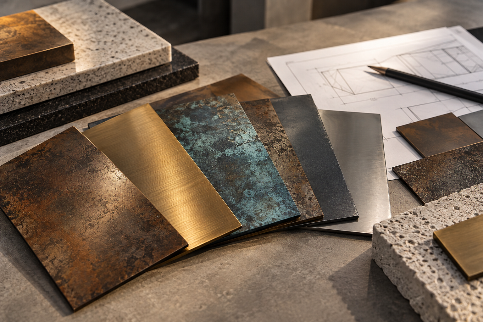 Bespoke metal finish samples in bronze, brass, patina and steel by Liquid Atelier
