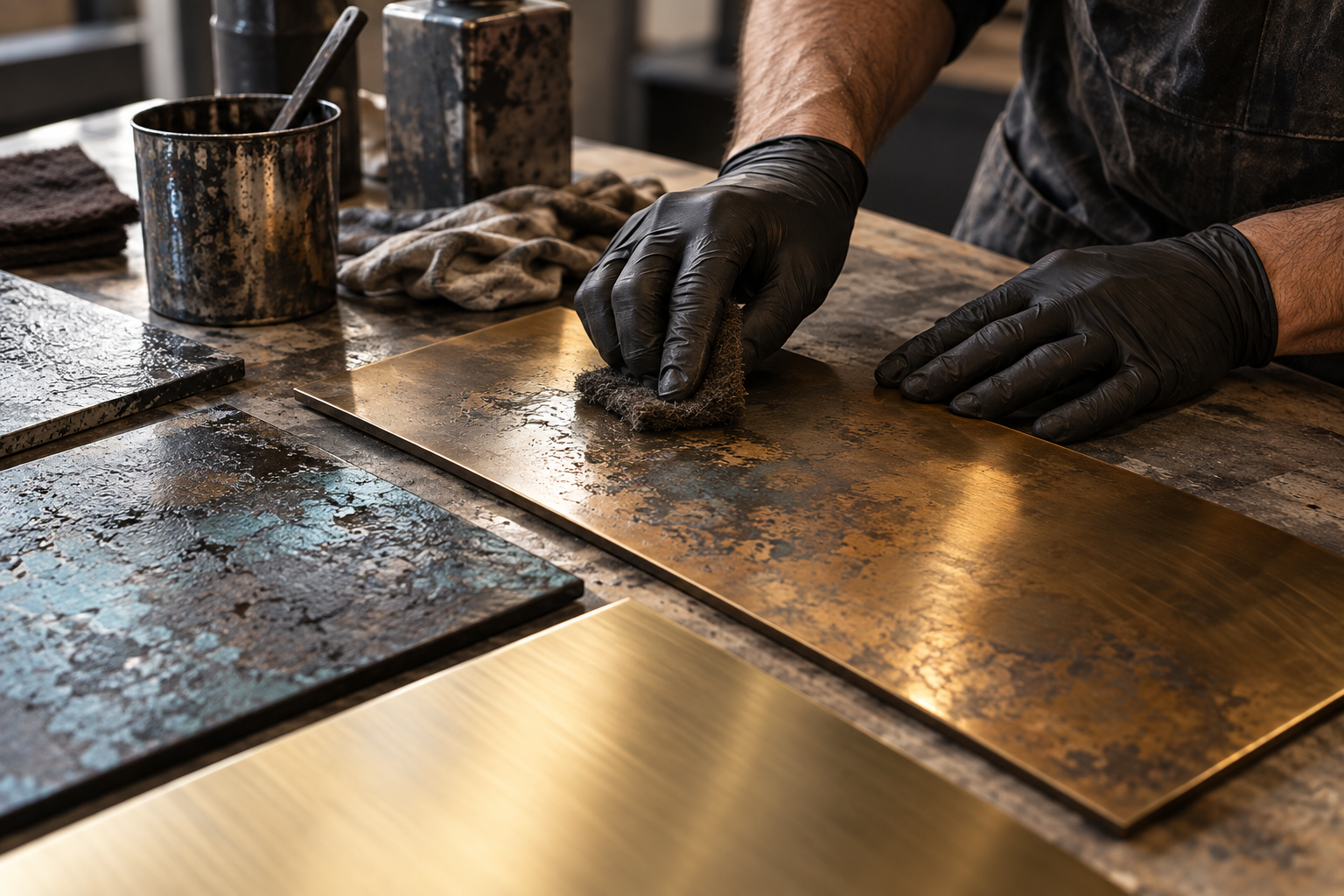 Hand-finishing an aged bronze metal sample during the refinement process at Liquid Atelier