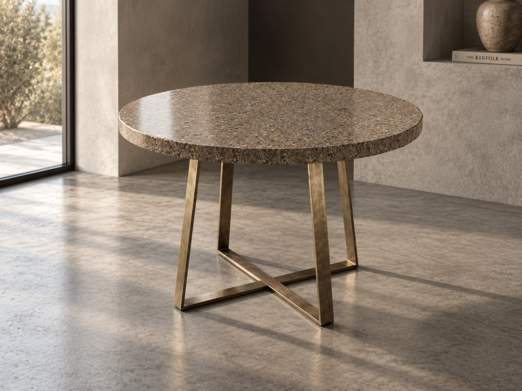 Sculptural round concrete table with dark brass frame by PANIGAI