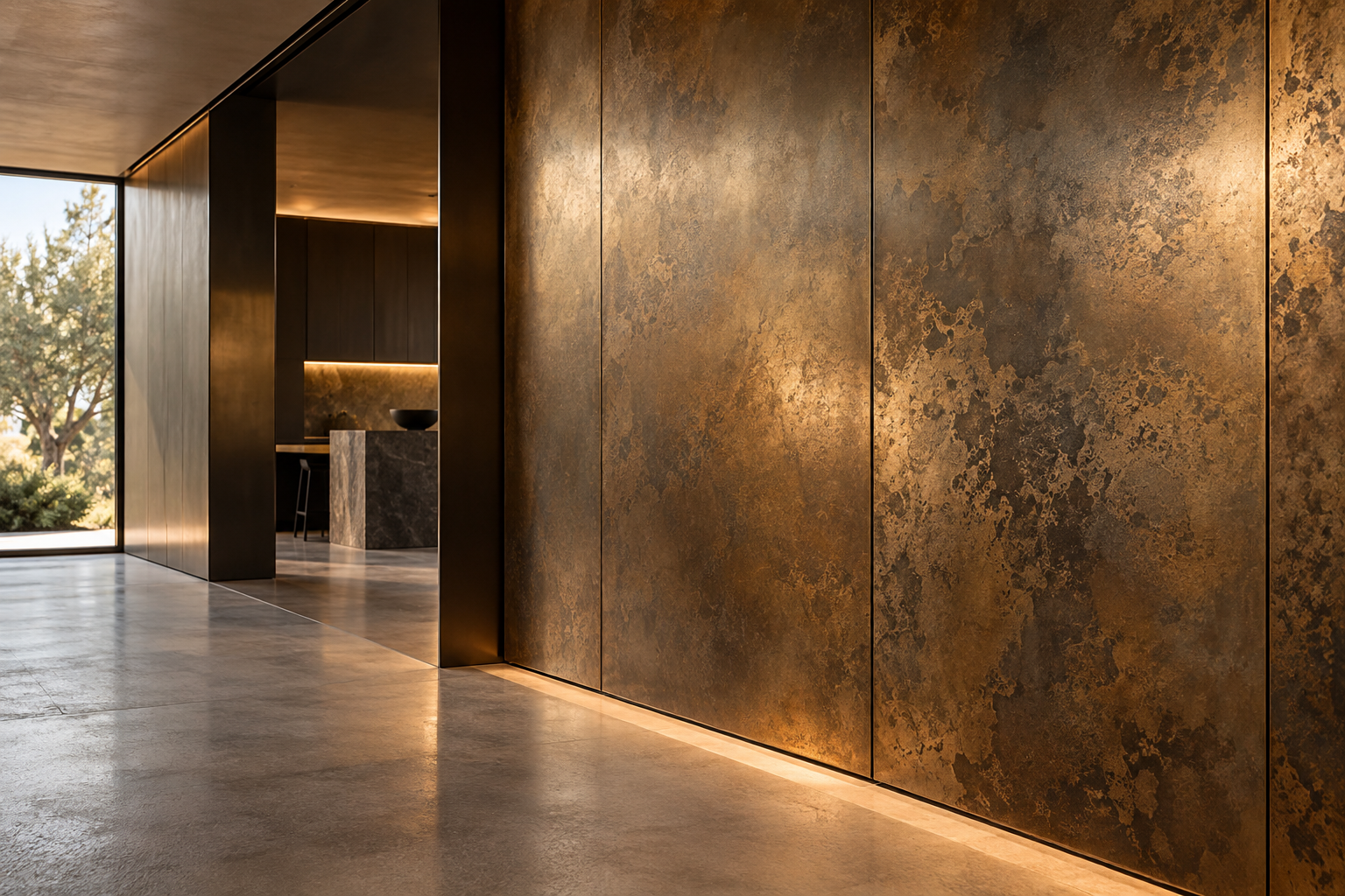 Bespoke aged bronze architectural wall panels by Liquid Atelier