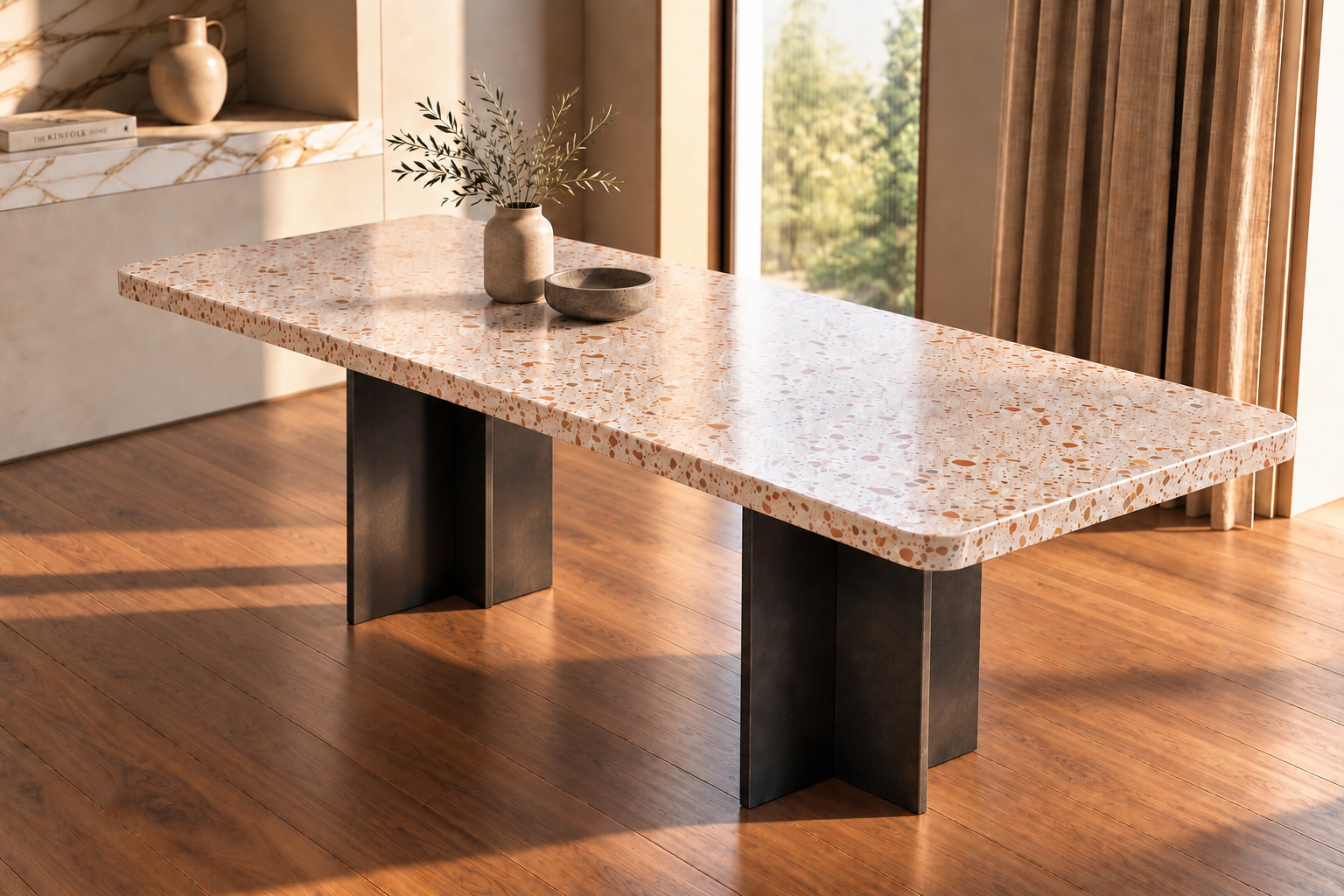 Bespoke sculptural dining table by Panigai with marble top and black steel legs