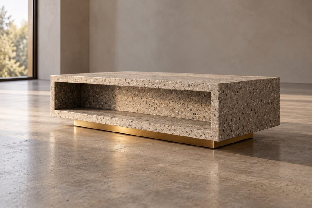 Sculptural coffee table with textured stone top by PANIGAI